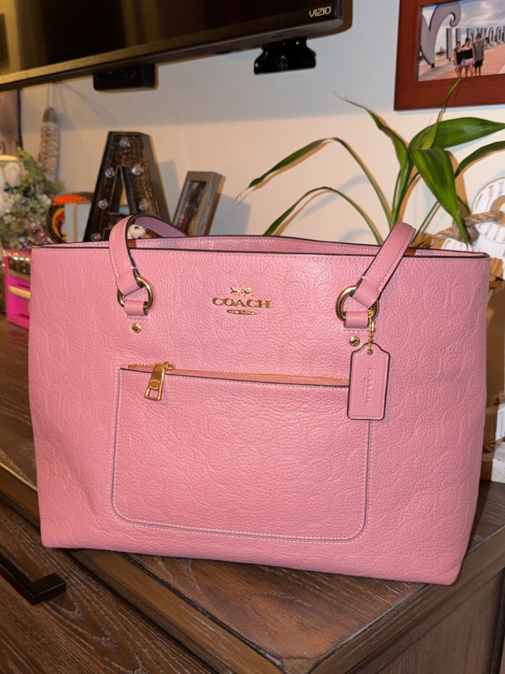Coach Pink Pebbled Leather Tote with Front Pocket and Gold Hardware